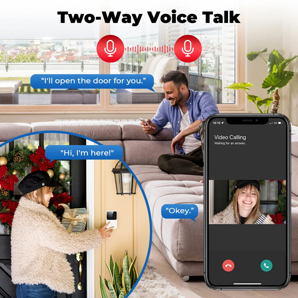 A man on a couch uses a smartphone to video call a visitor ringing a doorbell.
