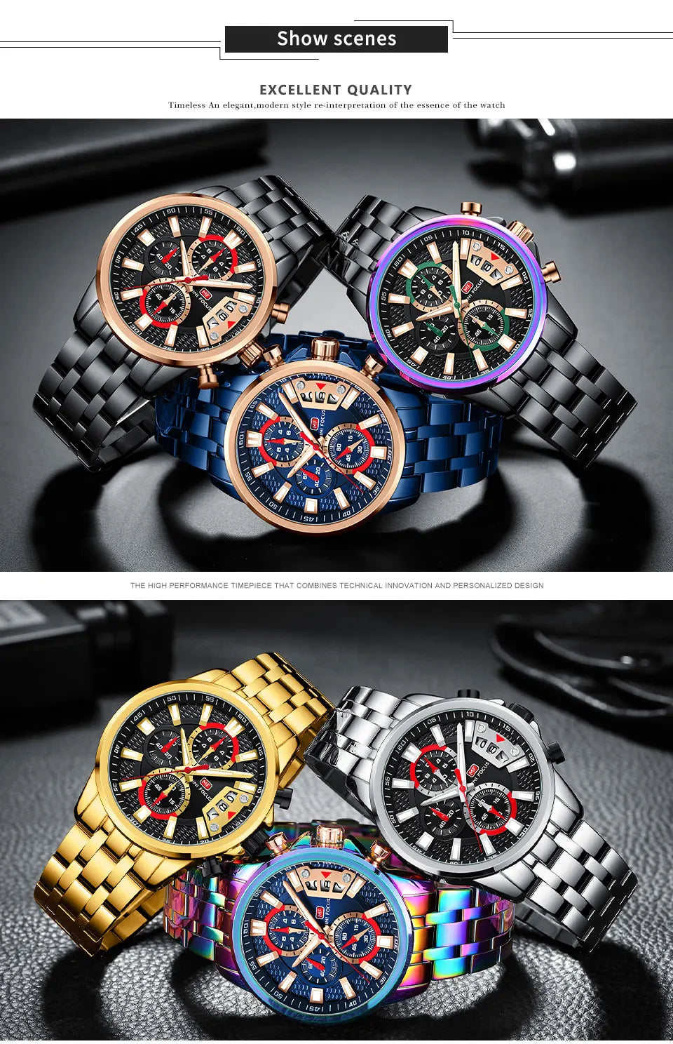 MINI FOCUS Motley Watches for Men Fashion Sport Chronograph Quartz Wristwatch with Date Luminous Hands Stainless Steel Strap Man