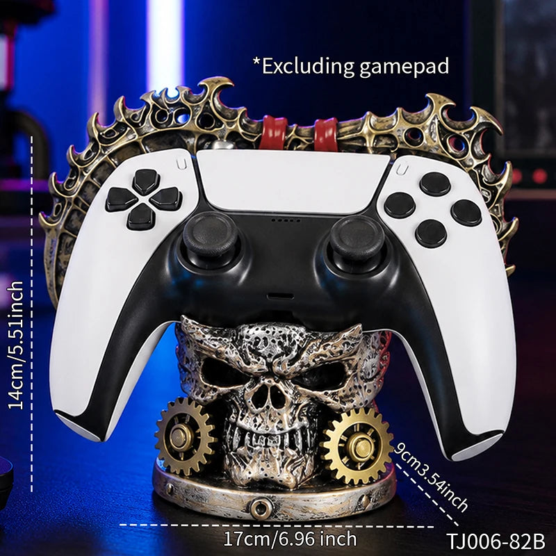 Steampunk skull controller holder with gears, holding a white and black game controller.