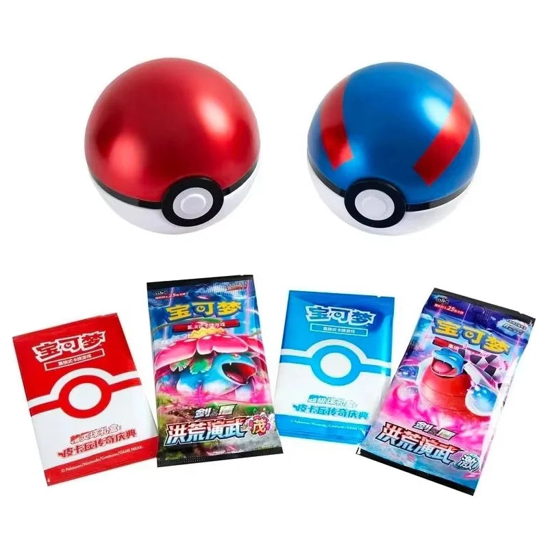 Red and blue Poke Balls sit above four matching foil Pokemon card packs.