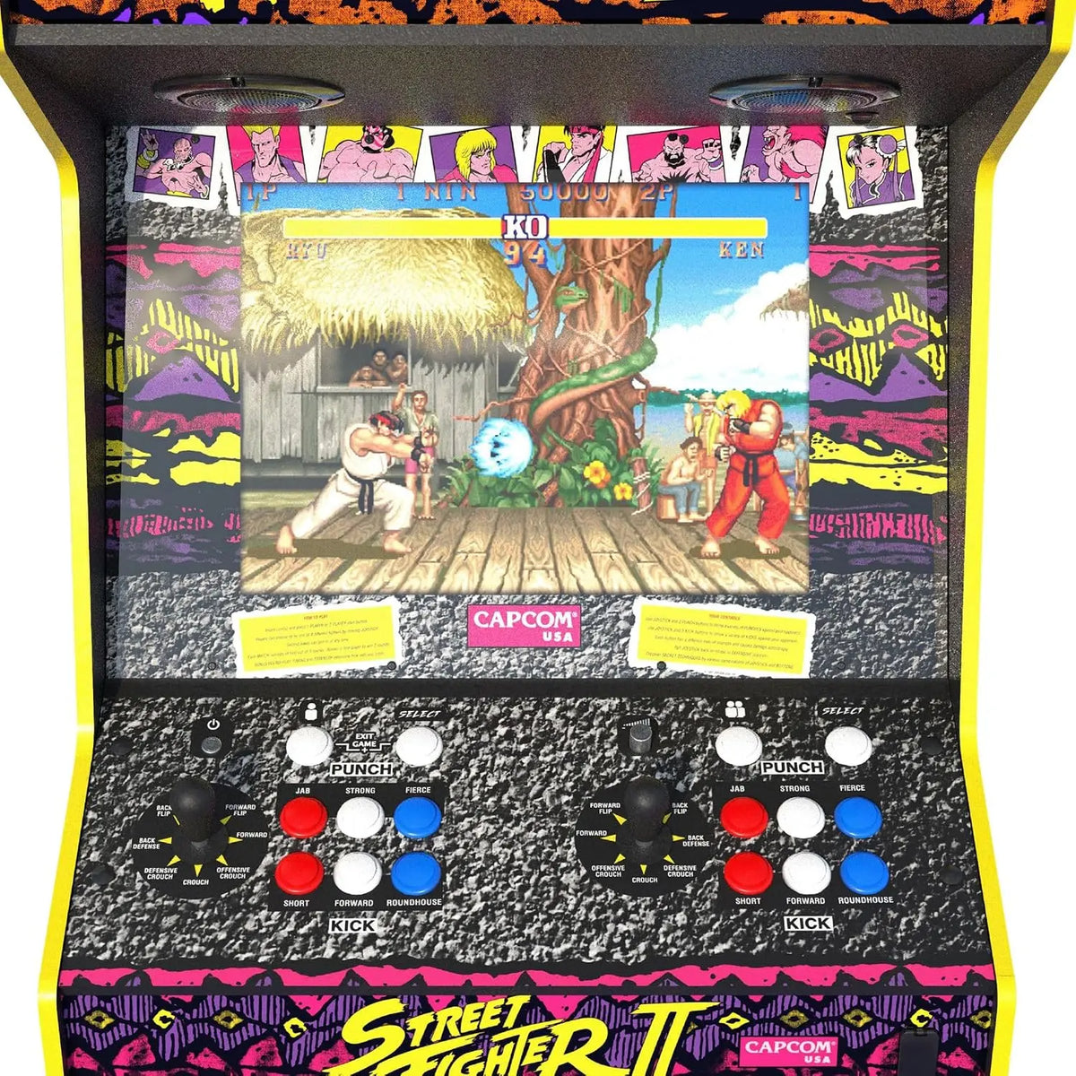 Street Fighter II arcade cabinet with Ryu and Ken fighting on screen, controls, and colorful side art.