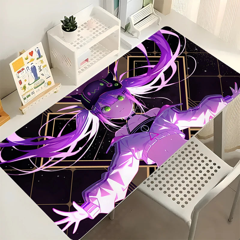 Purple-haired anime girl with green eyes and a cat-eared hat on a desk mat with a dark geometric background.