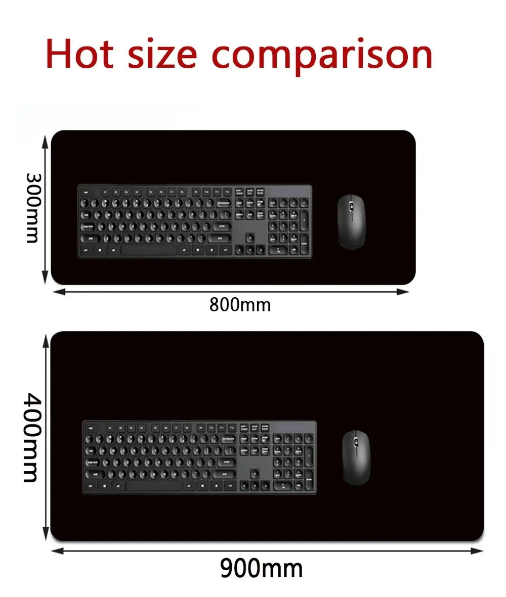 Two black desk mats with keyboards and mice, showing dimensions: 300x800mm and 400x900mm.