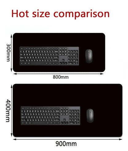 Two black desk mats with keyboards and mice, showing dimensions: 300x800mm and 400x900mm.