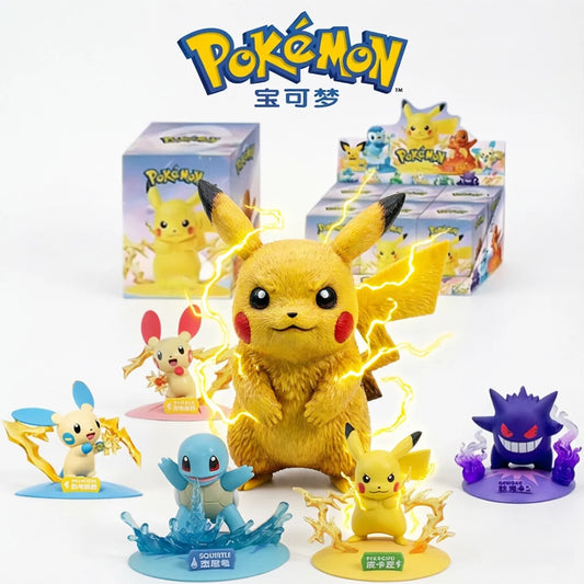 Pikachu, Squirtle, Gengar, and other Pokemon figures with lightning and water effects, surrounded by blind boxes.