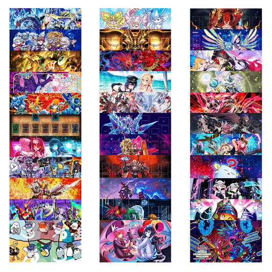 Collage of colorful Yu-Gi-Oh playmats featuring anime characters, monsters, dragons, and card zones in various colors.