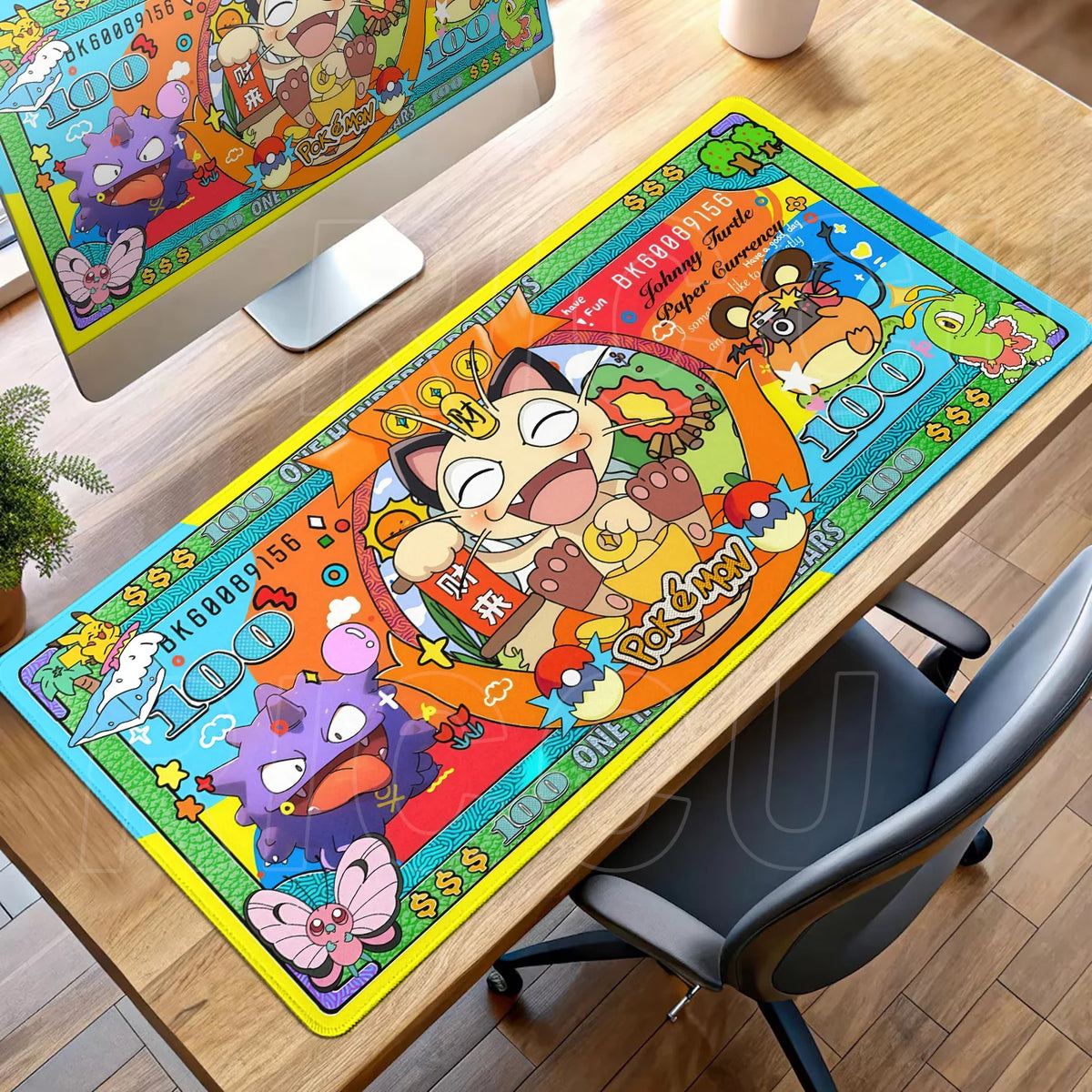 Colorful Pokémon desk mat featuring Meowth, Gengar, and other characters styled like currency banknotes.