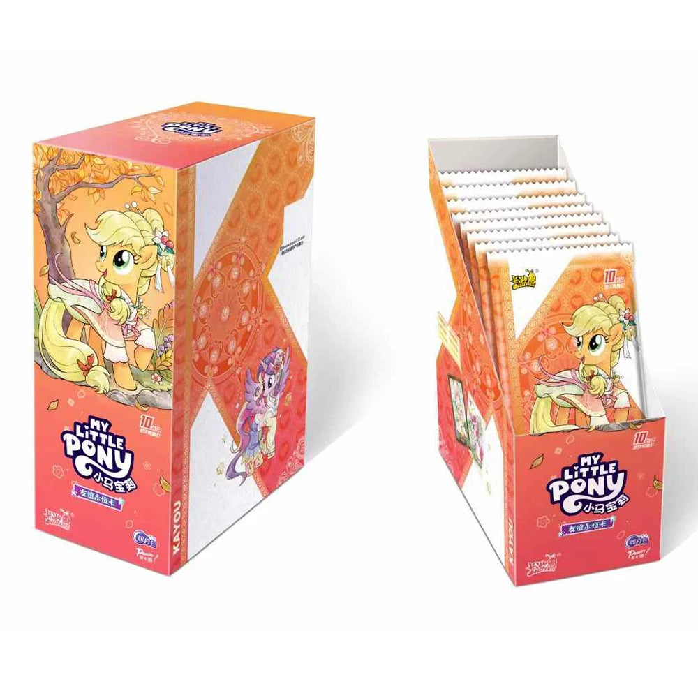 Orange My Little Pony trading card box and open display stand filled with foil booster packs.