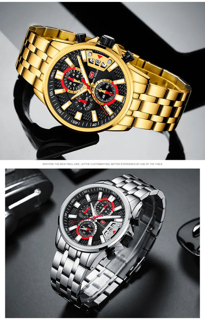 MINI FOCUS Motley Watches for Men Fashion Sport Chronograph Quartz Wristwatch with Date Luminous Hands Stainless Steel Strap Man