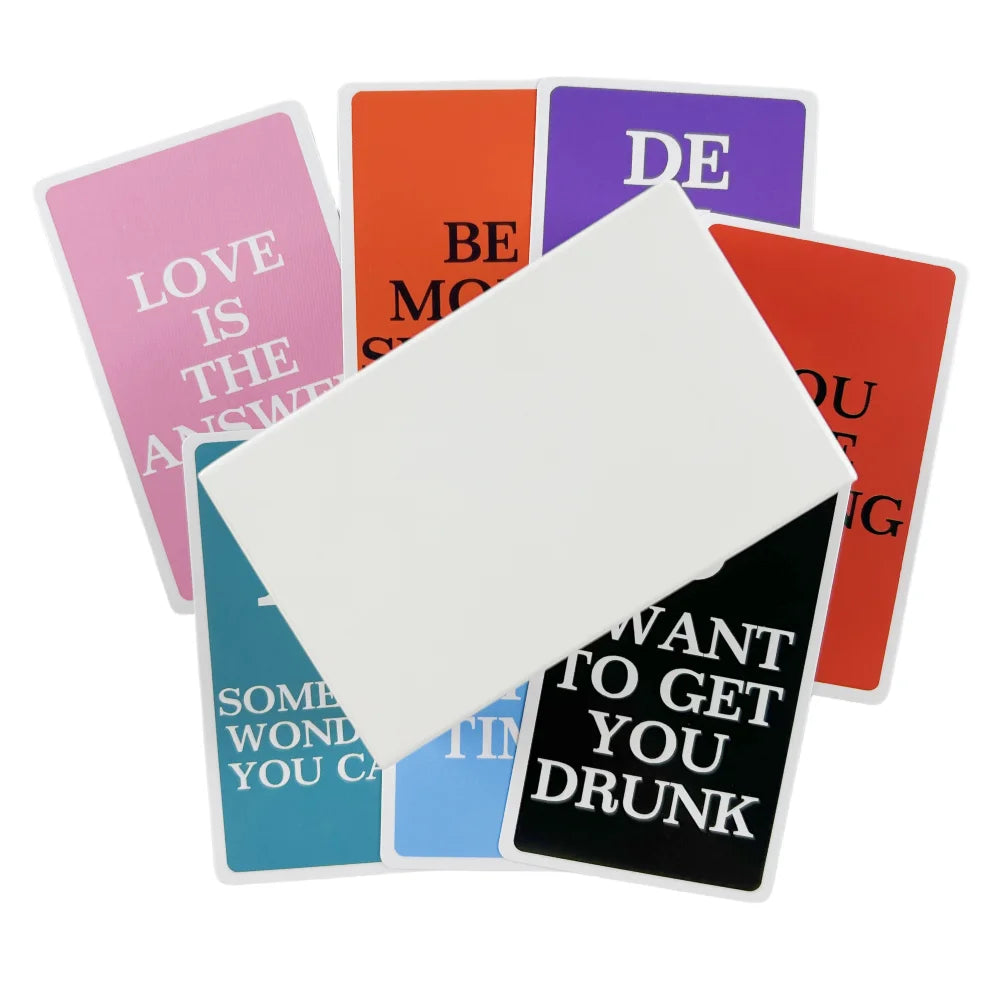 Colorful cards with text like "LOVE IS THE ANSWER" and "I WANT TO GET YOU DRUNK," with a plain white card on top.