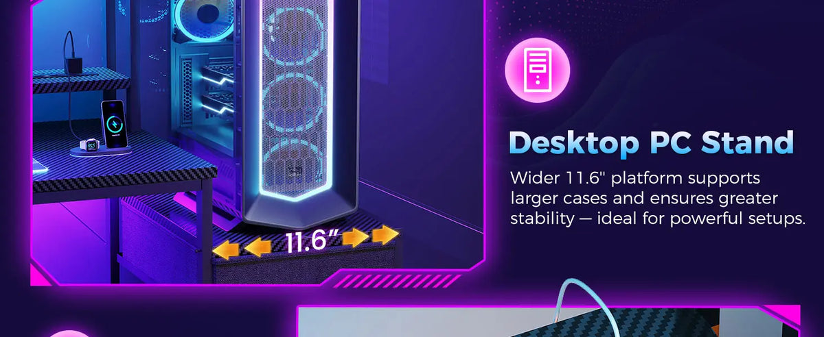 A PC tower sits on an 11.6-inch wide desktop stand, glowing with blue and purple LED lights in a dark room.