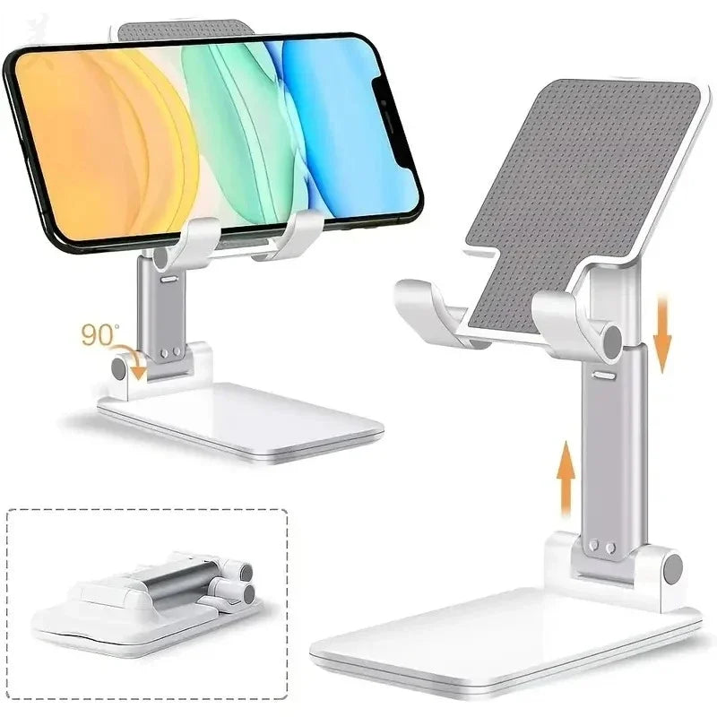 Silver and white adjustable folding phone stand shown holding a phone, extended, and folded flat.