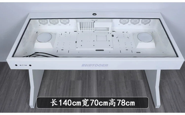 A white computer chassis desk with a glass top, featuring internal hardware mounts, vents, and the BTOODER logo.