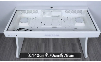 A white computer chassis desk with a glass top, featuring internal hardware mounts, vents, and the BTOODER logo.