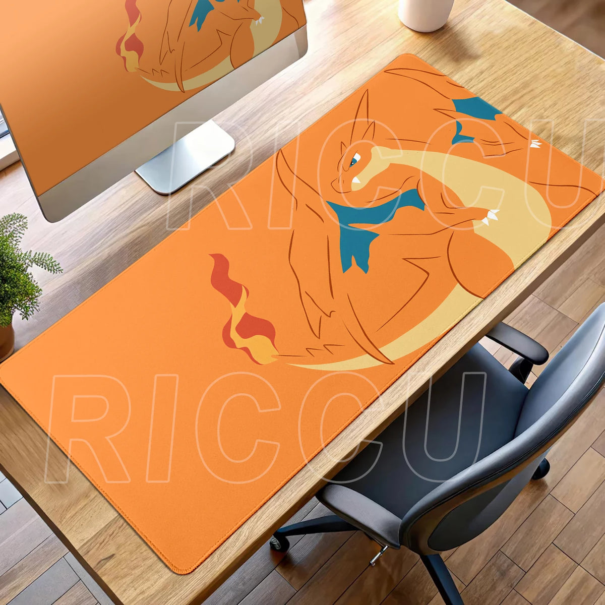 Orange desk mat featuring a minimalist, anime-style Charizard illustration with blue wings and a fiery tail.