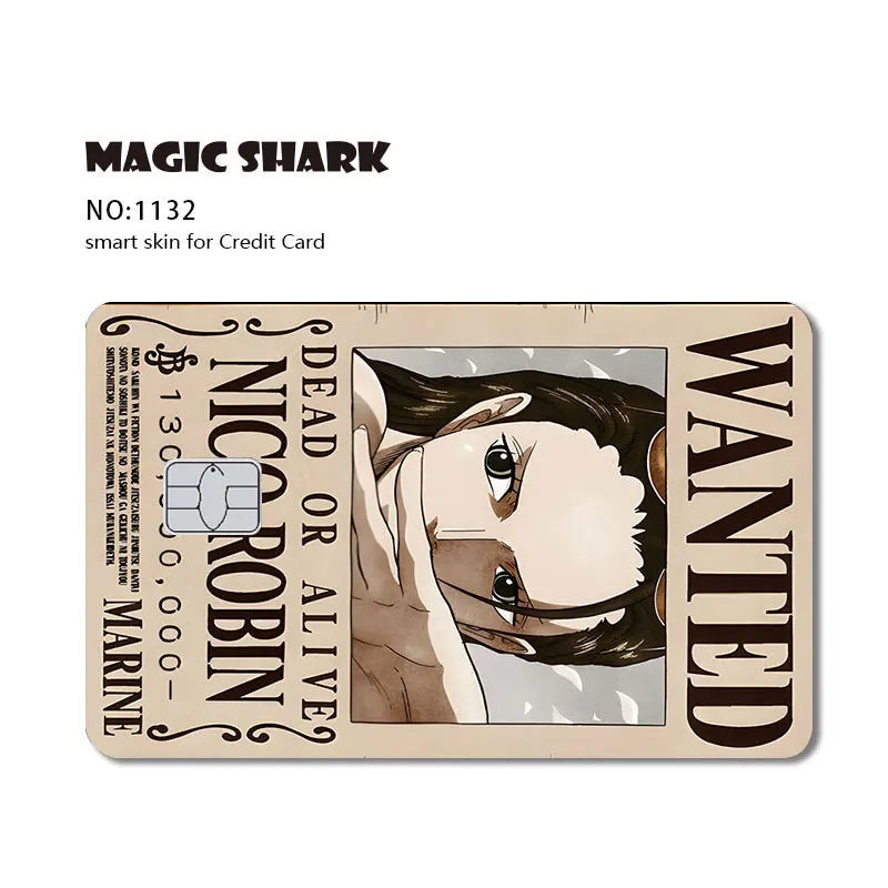 Beige credit card skin featuring a "WANTED" poster for Nico Robin, with bold black text on an aged paper background.