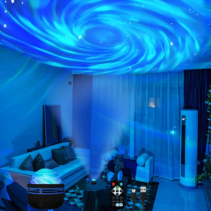 A black galaxy lamp projects a swirling blue nebula and white stars across a living room ceiling and walls.