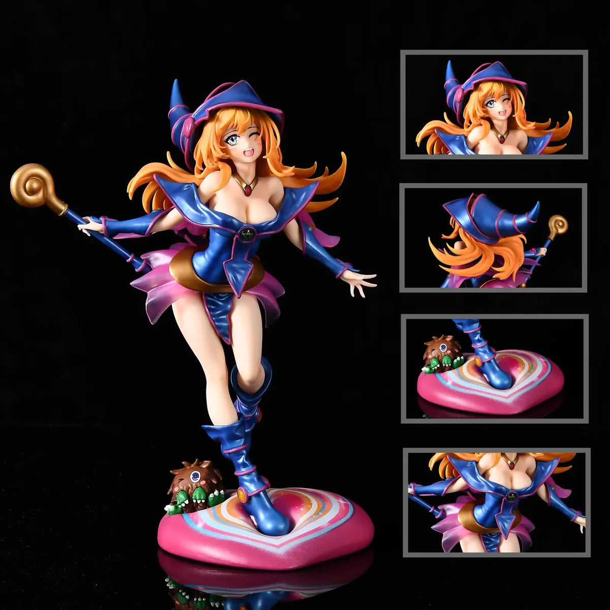 Dark Magician Girl anime figure in blue and pink outfit, holding a staff, standing on a heart base.