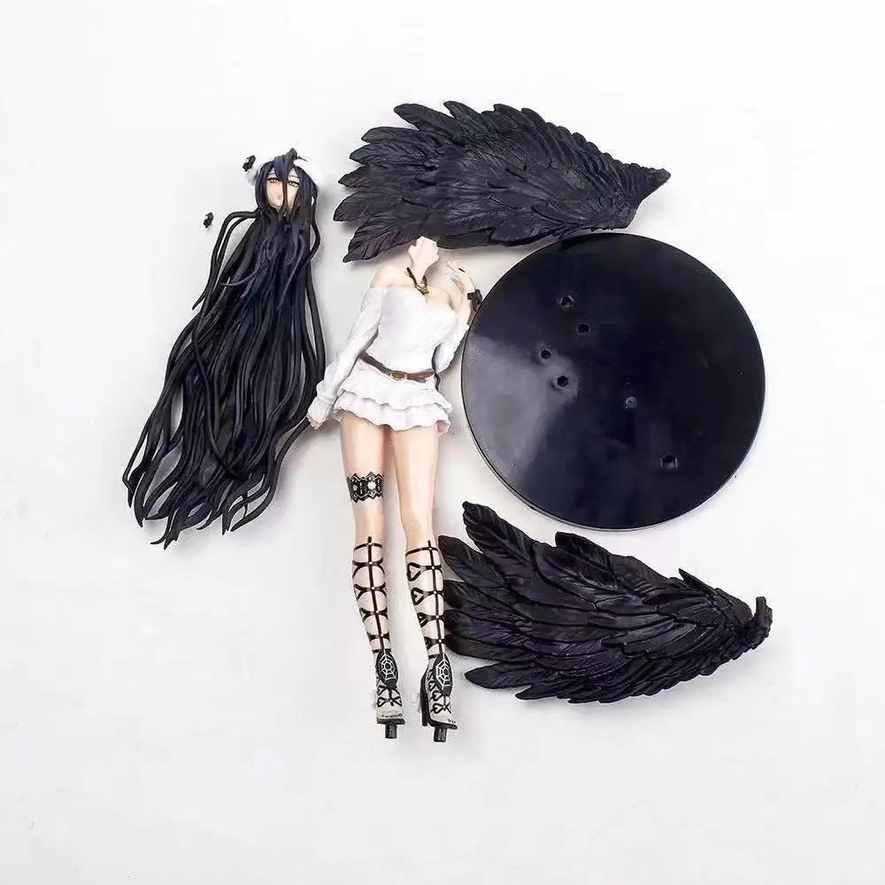 Disassembled Albedo action figure parts: white dress body, long black hair, two large black wings, and base.