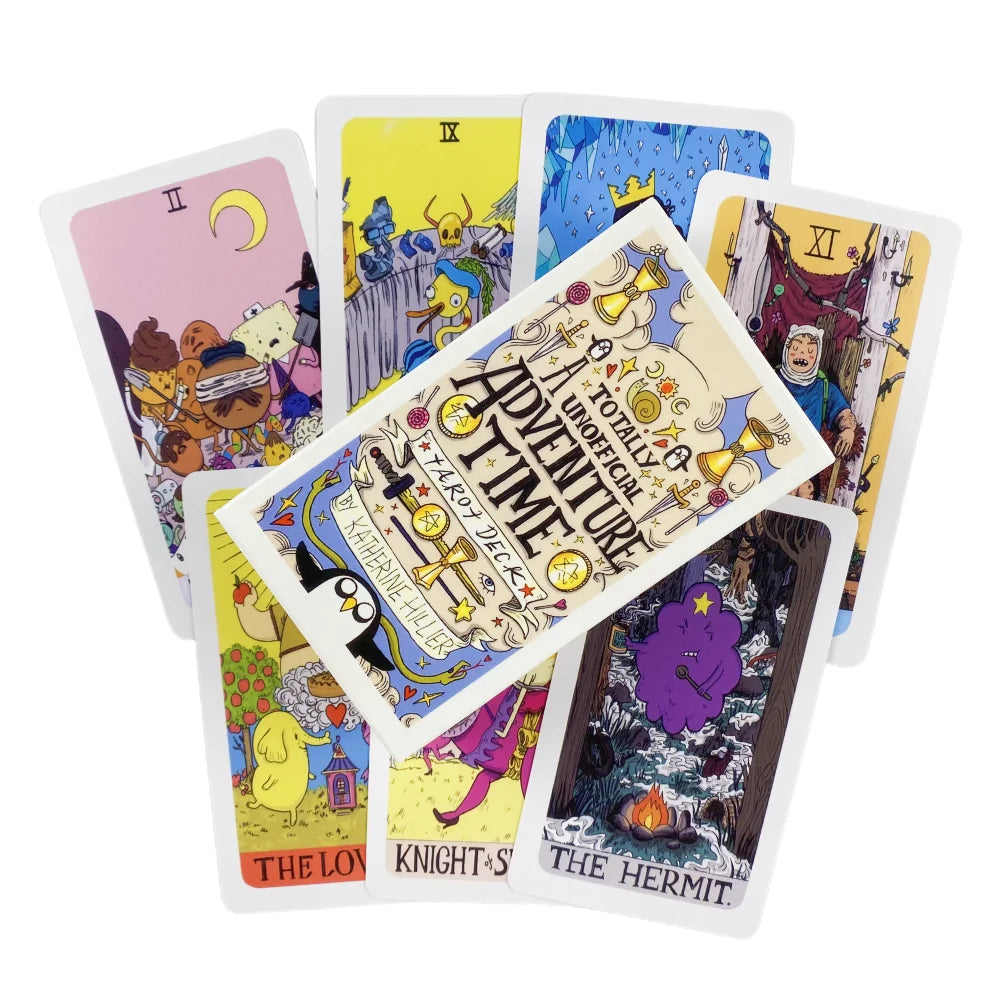Adventure Time tarot deck with box, featuring colorful cartoon characters and scenes on white cards.