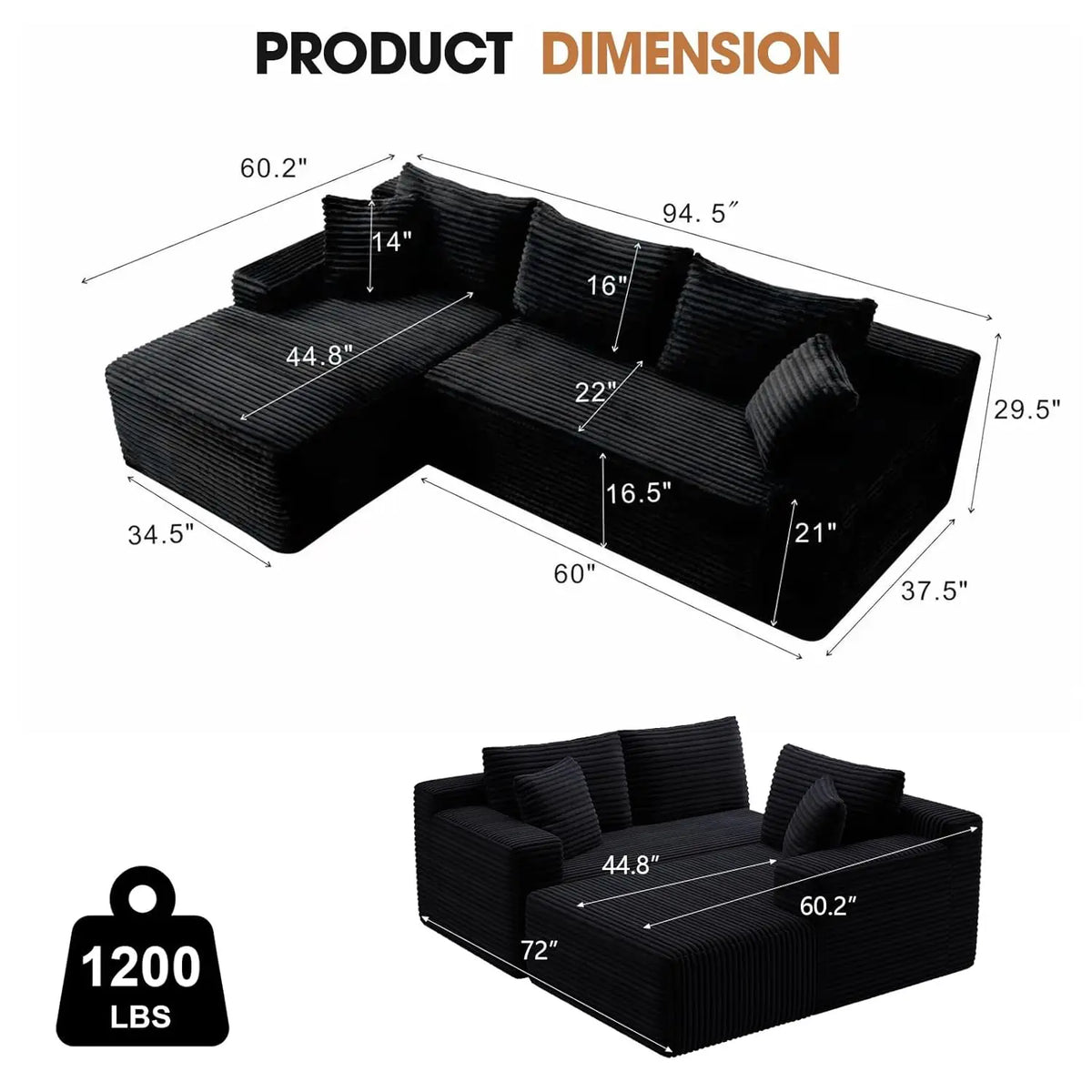 Black L-shaped corduroy sectional sofa with dimensions labeled and a 1200 lbs weight capacity icon.
