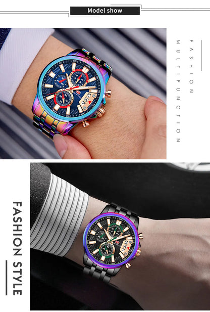 MINI FOCUS Motley Watches for Men Fashion Sport Chronograph Quartz Wristwatch with Date Luminous Hands Stainless Steel Strap Man