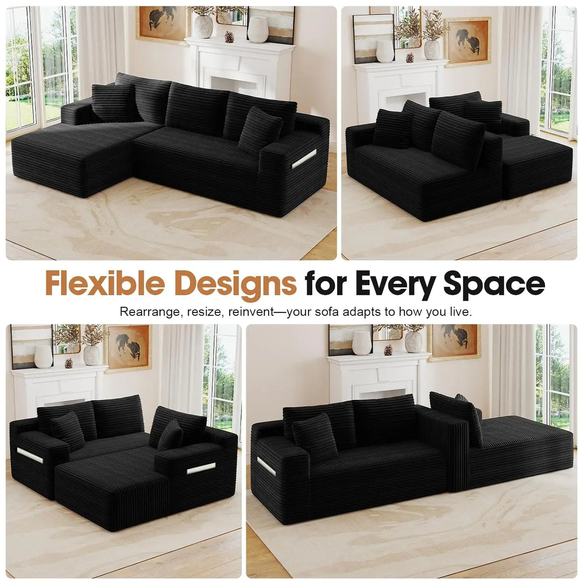 Four views of a modular black corduroy sectional sofa shown in various configurations in a living room.