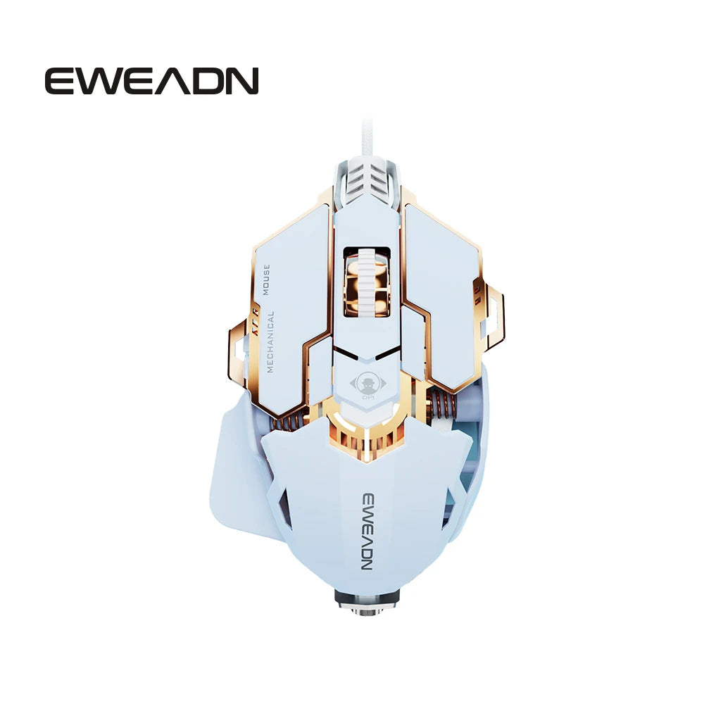 White and rose gold EWEADN G5 USB wired gaming mouse with a mechanical, angular design and thumb rest.