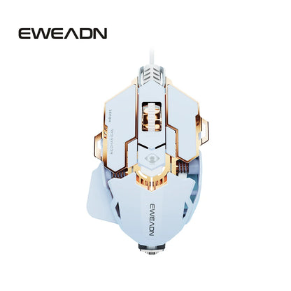 White and rose gold EWEADN G5 USB wired gaming mouse with a mechanical, angular design and thumb rest.