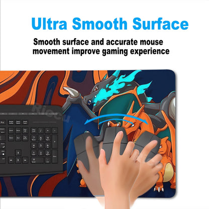 Charizard desk mat with orange and blue anime art, featuring a keyboard, mouse, and hand motion.