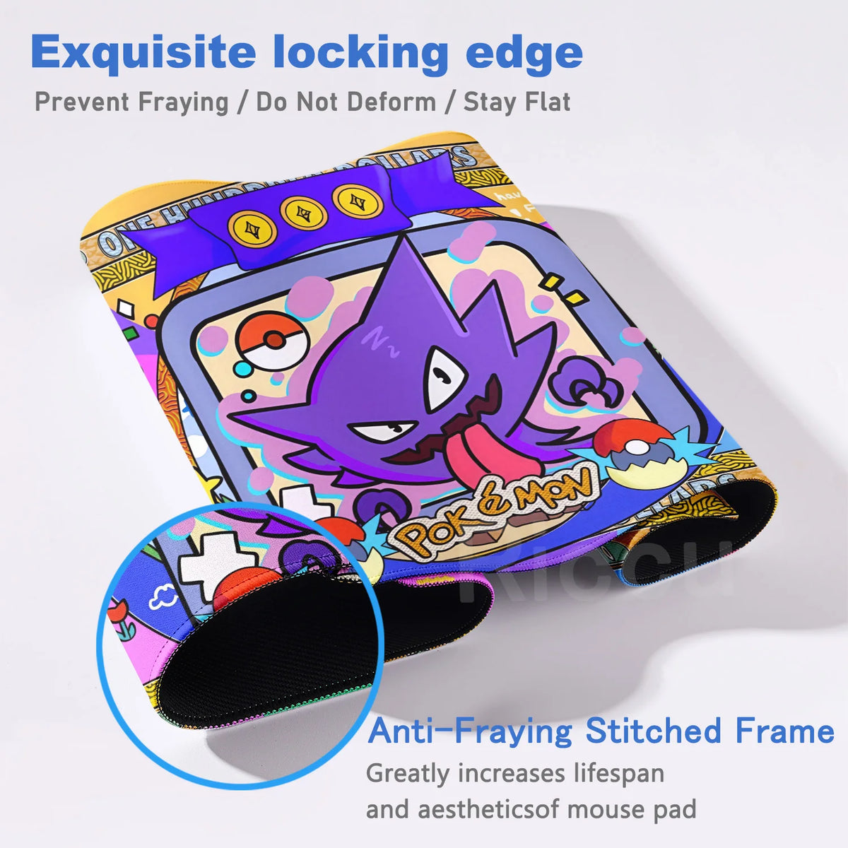 Purple Gengar desk mat with stitched edges, Pokéballs, and yellow banknotes background.