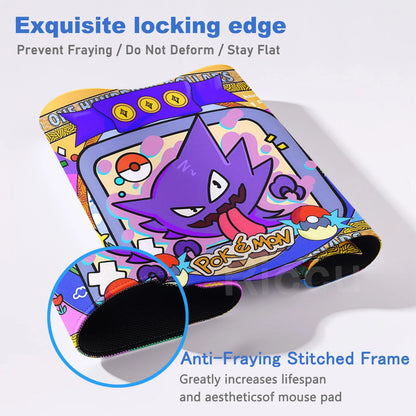 Purple Gengar desk mat with stitched edges, Pokéballs, and yellow banknotes background.