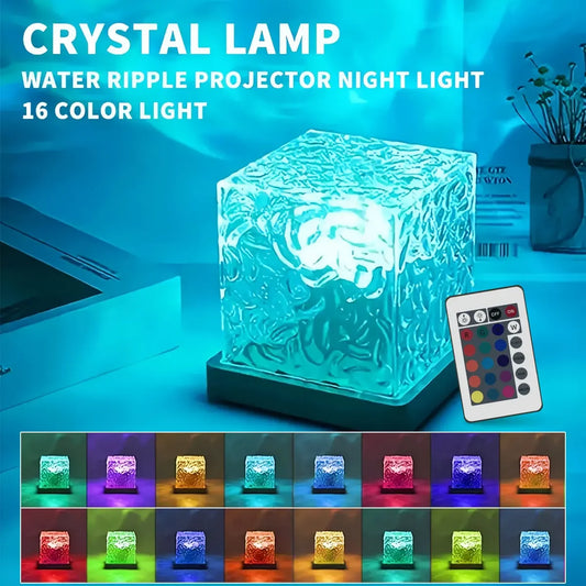 A cubic water ripple projector lamp glowing cyan, with a remote control and small swatches showing 16 color options.