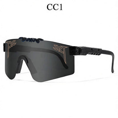 Black sport sunglasses with dark tinted lenses, bronze snake logos on the corners, and a textured frame.