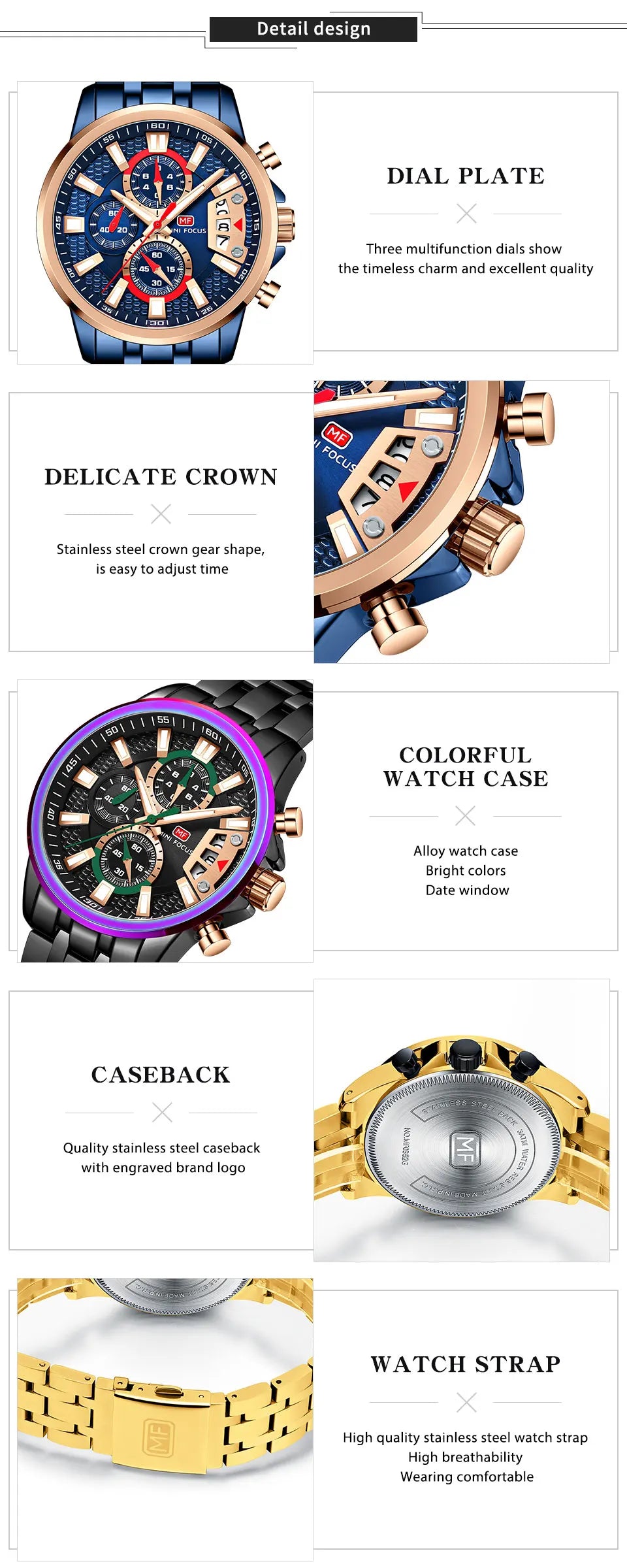 MINI FOCUS Motley Watches for Men Fashion Sport Chronograph Quartz Wristwatch with Date Luminous Hands Stainless Steel Strap Man