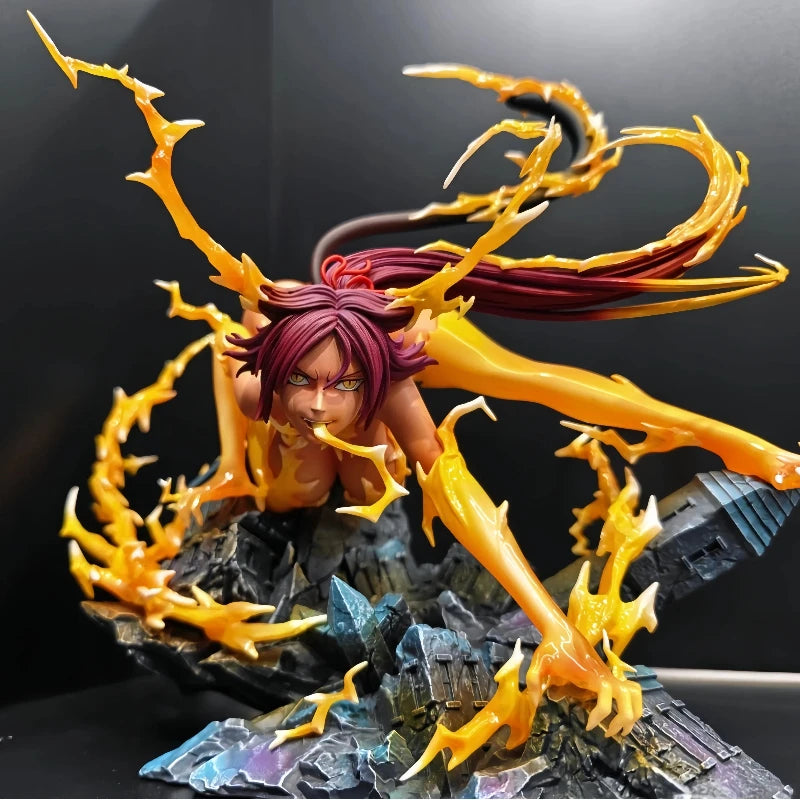 Yoruichi Shihouin anime figure with purple hair, crouching on rocky debris amid bright yellow lightning effects.