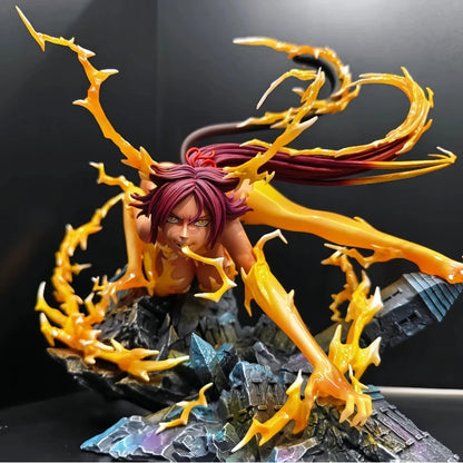 Yoruichi Shihouin anime figure with purple hair, crouching on rocky debris amid bright yellow lightning effects.