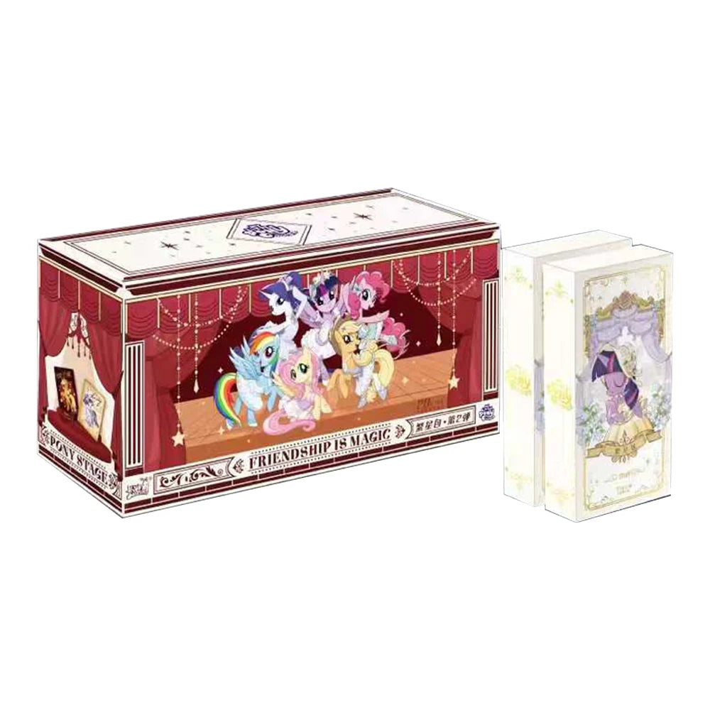 Maroon and white My Little Pony card box featuring character art on a stage labeled "FRIENDSHIP IS MAGIC," with two smaller card packs.