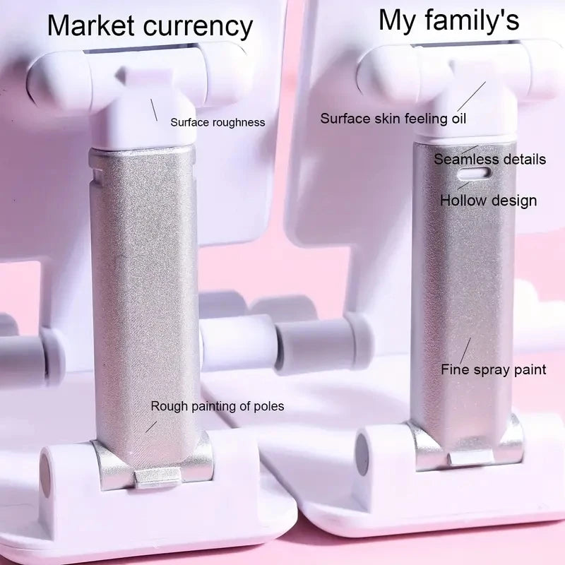 Two white and silver desk stands compared, showing quality differences labeled Market currency and My family's.