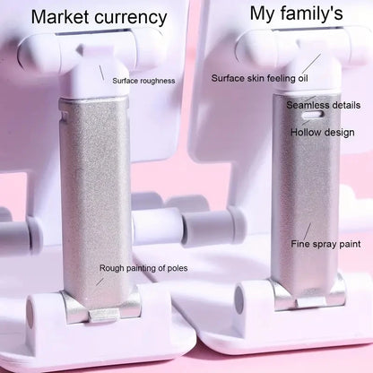 Two white and silver desk stands compared, showing quality differences labeled Market currency and My family's.