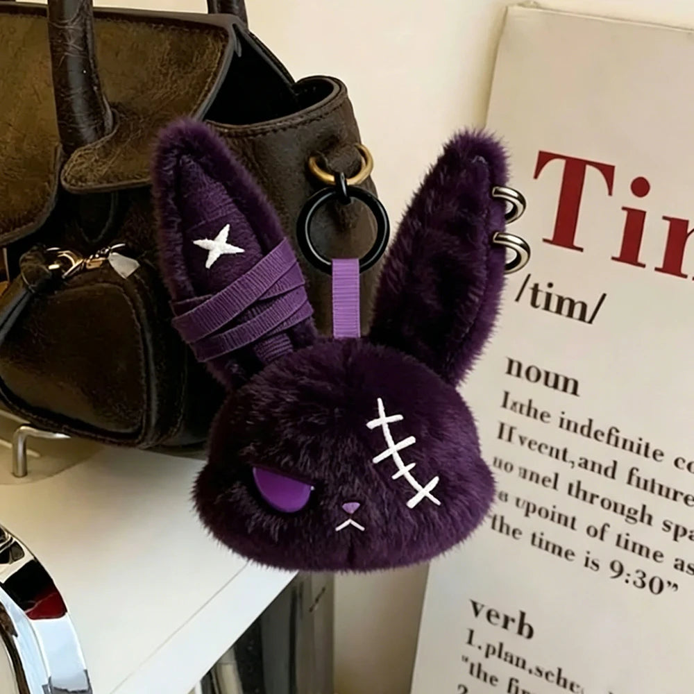 Gothic Bunny Plush Keychain Rabbit Bag Charm with Bandage Design Kawaii Key Ring Pendant Car Bag Ornament Gift