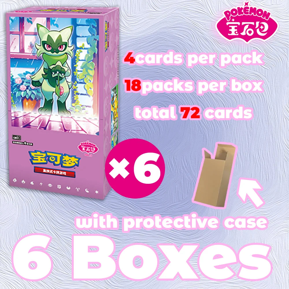 Pink Pokémon Gem Pack 5 booster box featuring Sprigatito, with text stating 6 boxes, 18 packs, and 72 total cards.