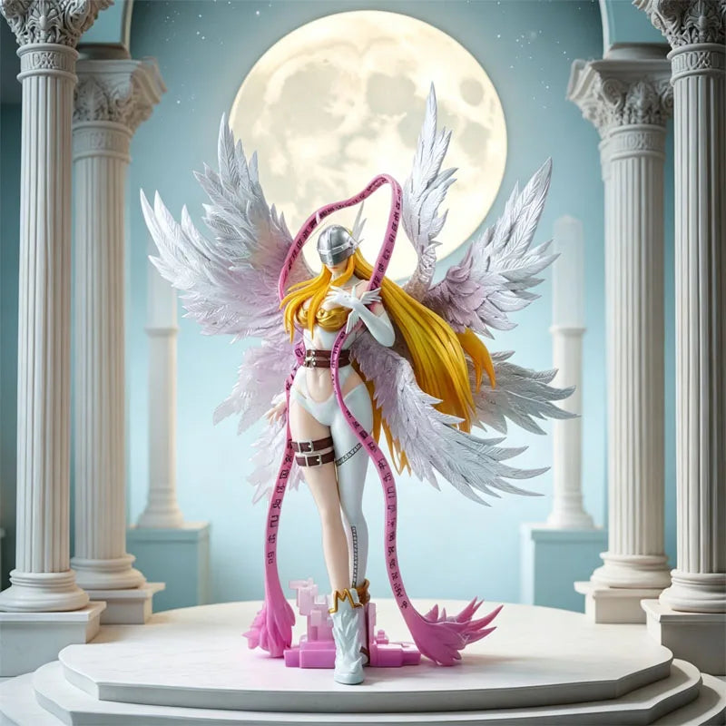 Angewomon PVC statue with white feathered wings, blonde hair, silver helmet, and a pink rune ribbon.