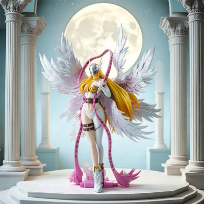 Angewomon PVC statue with white feathered wings, blonde hair, silver helmet, and a pink rune ribbon.