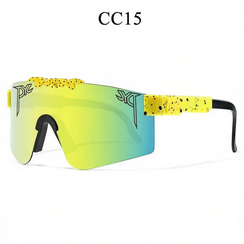 Sport sunglasses with gradient yellow-green lenses, yellow and black speckled frame details, and black arms.