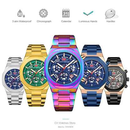 MINI FOCUS Motley Chronograph Quartz Watches Men Stainless Steel Business Sport Wristwatch with Luminous Hands Auto Date 0411