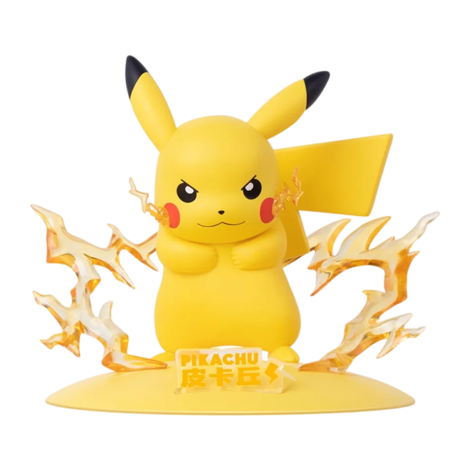 Pikachu figurine with crossed arms, surrounded by translucent yellow lightning effects and a nameplate.