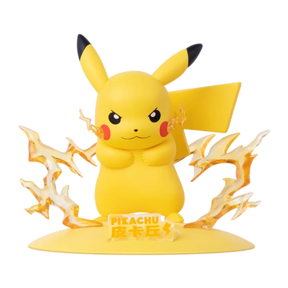 Pikachu figurine with crossed arms, surrounded by translucent yellow lightning effects and a nameplate.