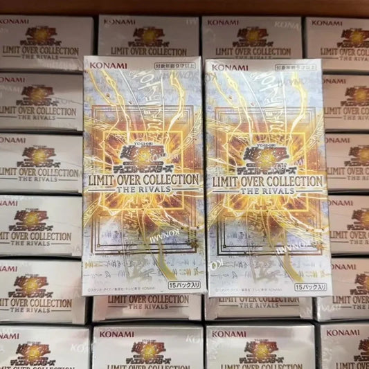 Yu-Gi-Oh! Limit Over Collection booster pack boxes stacked, featuring a gold and white design with lightning details.