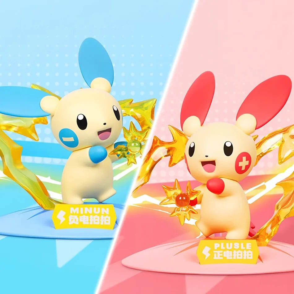 Two Pokemon figures, Minun and Plusle, surrounded by translucent yellow energy effects.